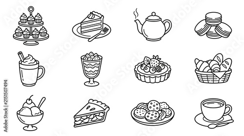 Sweet Treats Collection Desserts Pastries Cakes and Coffee Icons on Transparent Background