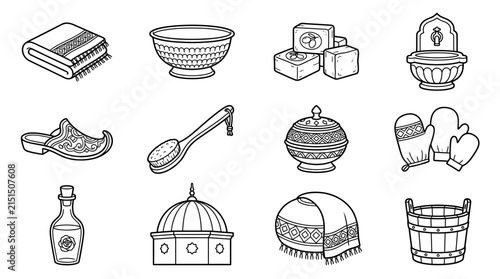 Turkish Bath Icons Hammam Set Collection Isolated Vector Illustrations