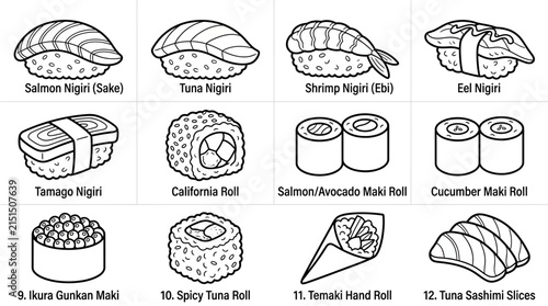 Variety of Japanese Sushi and Maki Rolls Collection Isolated on Transparent Background