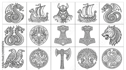 Viking Symbols Collection Dragons Longship Warrior Wolf Thors Hammer Axe Ravens Yggdrasil Celtic Knot
