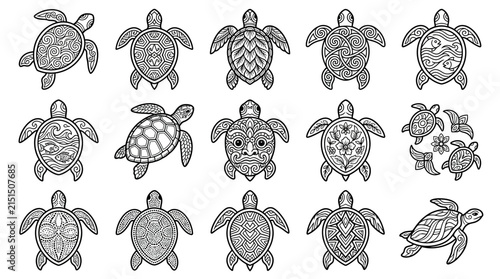 Tribal Turtle Collection Intricate Line Art Illustrations of Sea Creatures with Decorative Patterns on Transparent Background