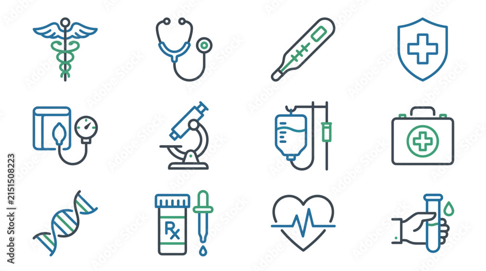 Fototapeta premium Medical Health Care Icons Set Caduceus Stethoscope Thermometer ECG Heartbeat DNA Microscope Infusion