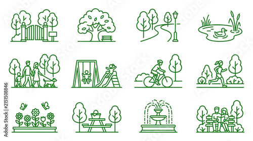 Set Of Park Icons Entrance Tree Path Pond Family Playground Cycling Running Flowers Picnic Fountain Couple