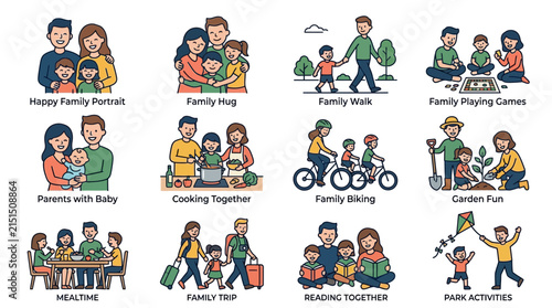 Vector Illustration Set Diverse Family Activities Isolated on Transparent Background