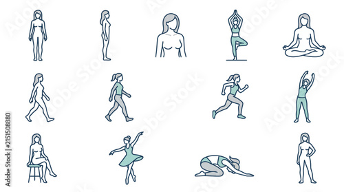 Collection of Woman Poses Yoga Dancing Running Walking Sitting Standing Isolated Icons