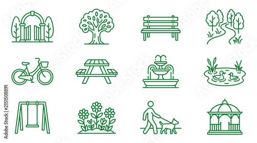 Vector Icon Set Park Elements Garden Arch Tree Bench Path Bike Picnic Table Fountain Pond Swing Flowers Dog Walker Gazebo