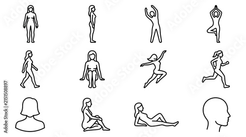 Collection of Stylized Human Figure Icons Poses Activities and Silhouette Head