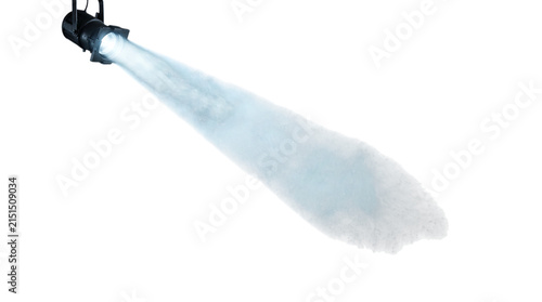 Bright stage spotlight casting a strong beam of white light through the dark air