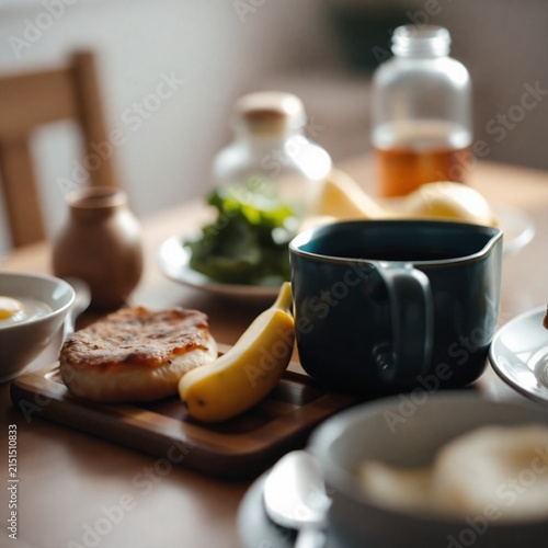 Close-up shallow depth of field of a cozy breakfast spread on a
