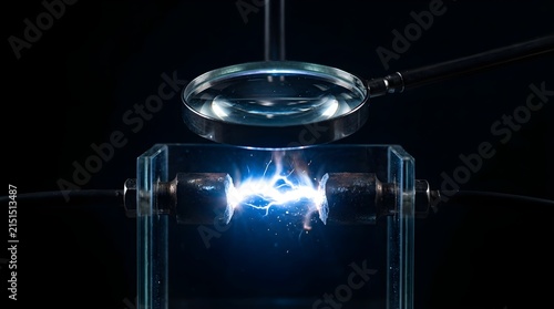 Electric arc jumping between metal electrodes under a magnifying glass