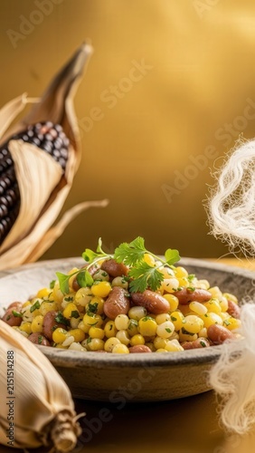 Gourmet likhobe steamed maize and beans with herb oil, minimalist presentation with warm gold copy space