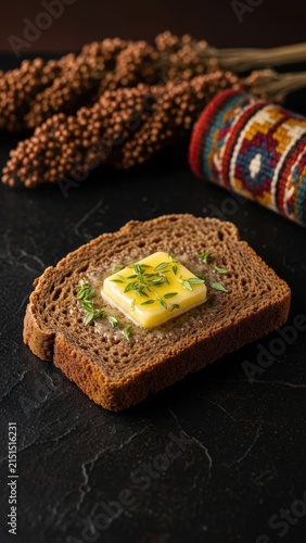Gourmet bohobe ba joala dense sorghum bread with butter and micro thyme, minimalist presentation with deep brown copy space
