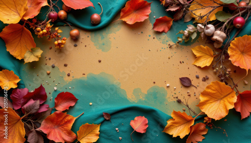 Autumn leaves and berries arranged on teal fabric with scattered seeds and nuts, creating warm and inviting seasonal composition