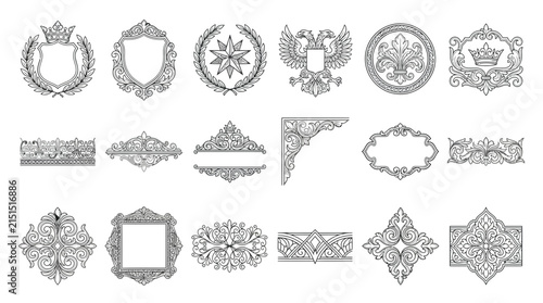Ornate Decorative Elements Collection: Crests, Frames, Borders, Isolated