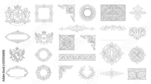 Ornate Decorative Elements Collection: Swirls, Crests, Frames & Borders
