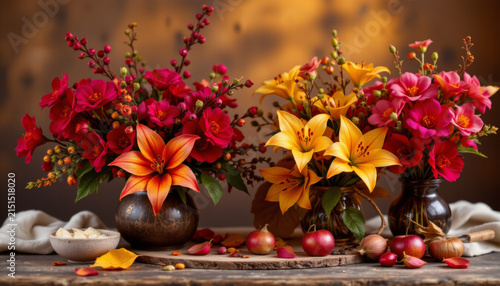 Bright autumn flower arrangement with orange lilies and red blossoms in rustic vases, surrounded by seasonal fruits and petals on wooden table