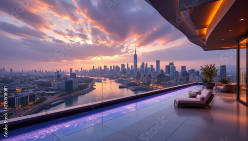 Sunset cityscape with river view from modern balcony, warm lighting, and comfortable lounge chair creating peaceful urban atmosphere