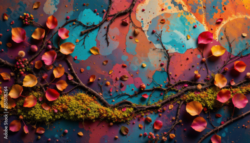 Autumn leaves and moss scattered on colorful textured surface with branches creating vibrant and artistic seasonal composition