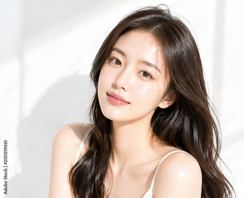 Naklejka premium Korean K-beauty, female models, photo shoot, aesthetic, hair, wedding, cosmetics, makeup, influencer, advertisement, ID photo, profile, dress, skin, dewy glow