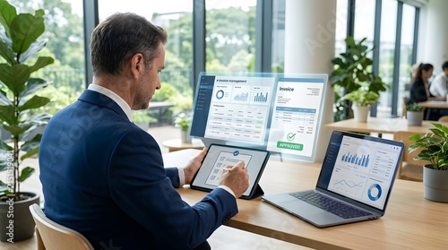 Business professional working at multiple monitors in a modern office.