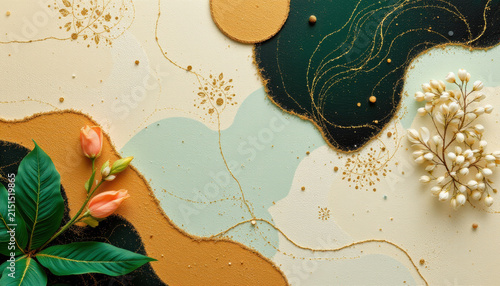 Abstract floral background with orange and white flowers, green leaves, and gold accents creating delicate and artistic composition