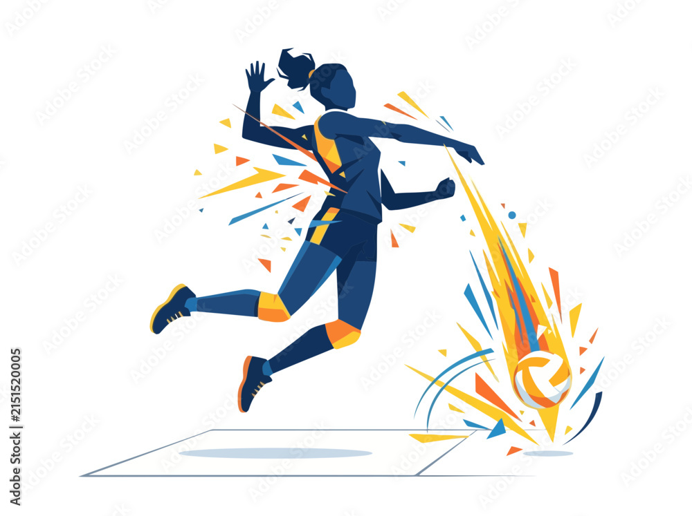 Fototapeta premium Dynamic illustration of a female volleyball player performing a powerful spike on the court.