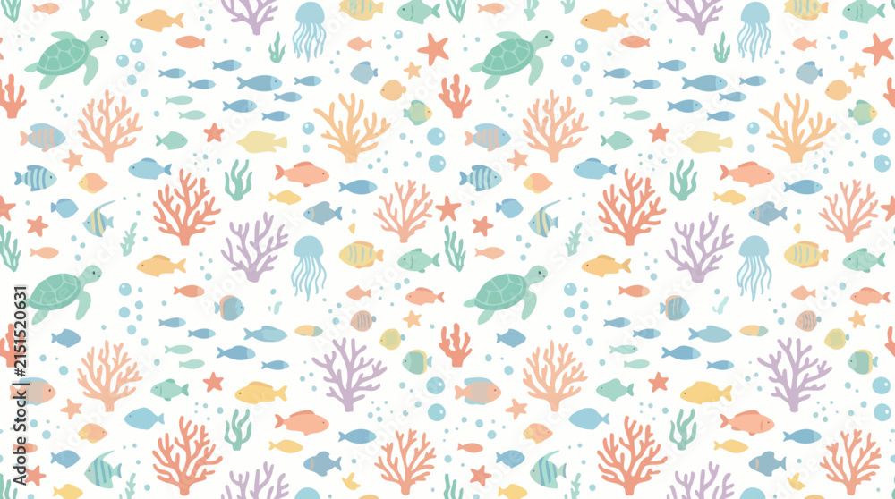 Fototapeta premium Cute Underwater Ocean Life Seamless Pattern - Fish, Turtles, Jellyfish, Coral