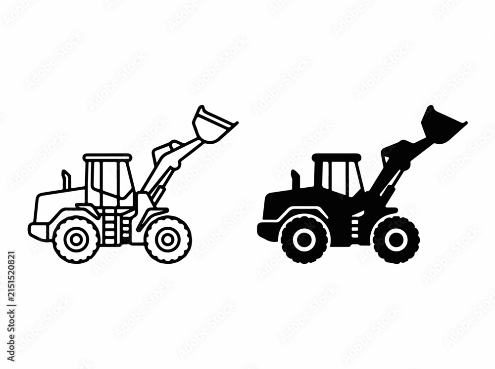 Naklejka premium Wheel Loader Black and White Icon Set for Construction Design Illustration