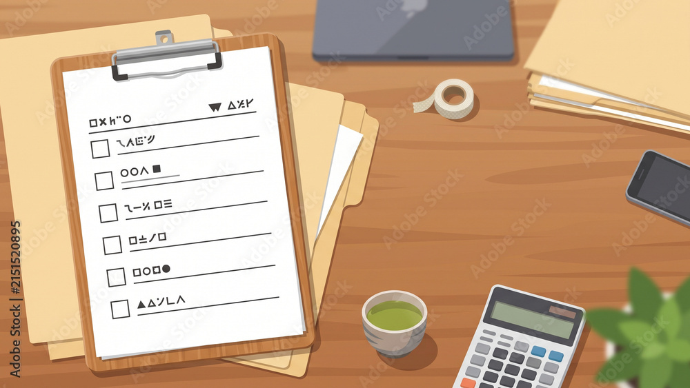 Obraz premium Top down vector illustration of a clipboard checklist on a wooden office desk with supplies
