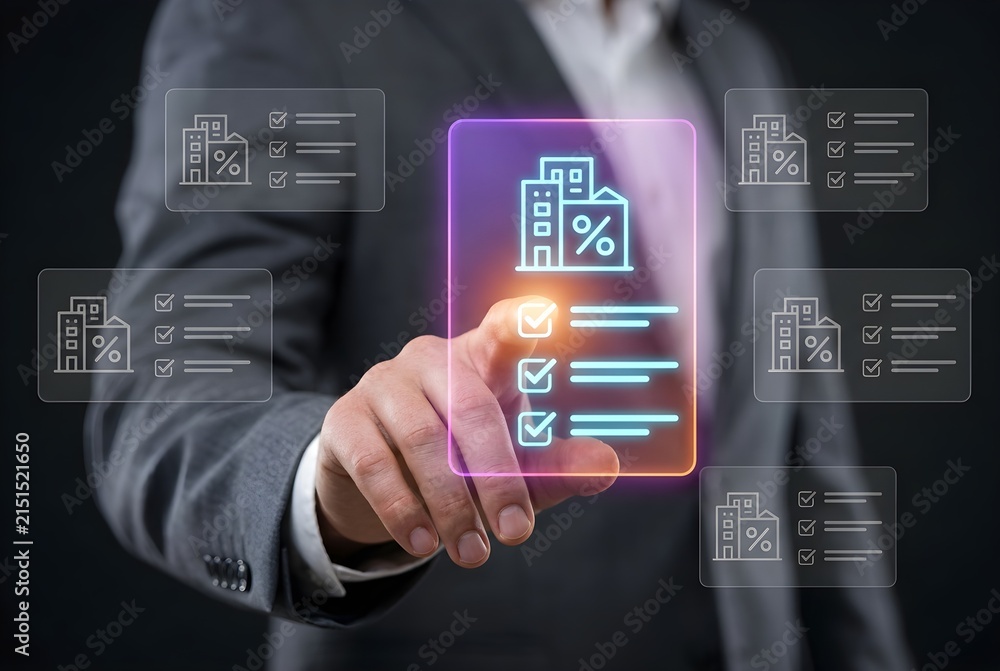 Fototapeta premium Businessman selecting real estate mortgage investment plan or property tax calculation on digital holographic screen interface concept