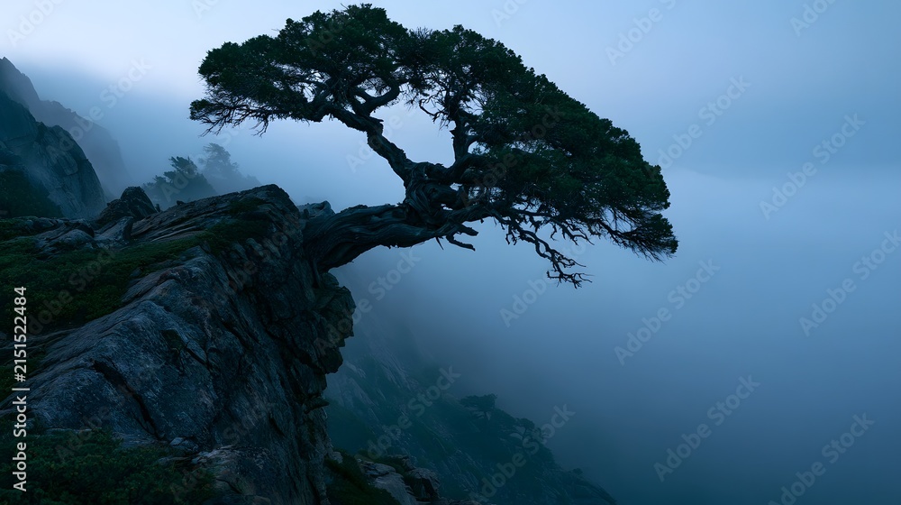 Fototapeta premium Lone wind-sculpted juniper on misty mountain cliff at dusk