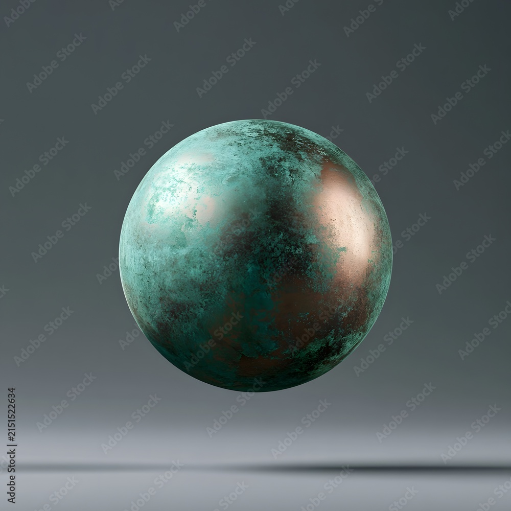 Fototapeta premium Oxidized Copper Sphere with Verdigris Patina Floating on Charcoal Background