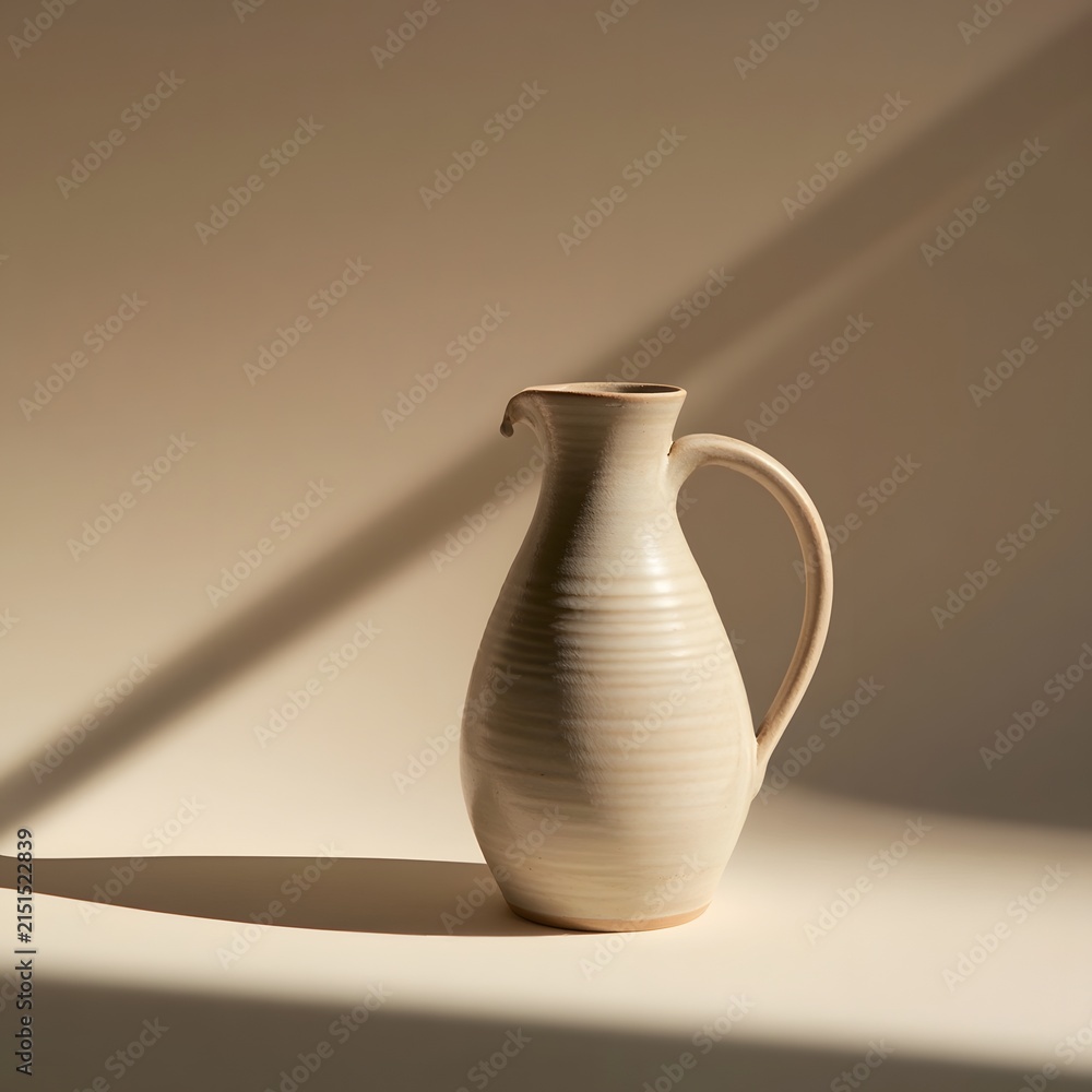 Fototapeta premium Hand-Thrown Stoneware Jug with Raking Shadow on Ivory Background