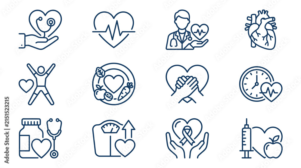 Fototapeta premium Healthcare and Cardiology Icons Set Heart Health Medical Care Healthy Lifestyle Doctor ECG Nutrition Fitness Weight Aid