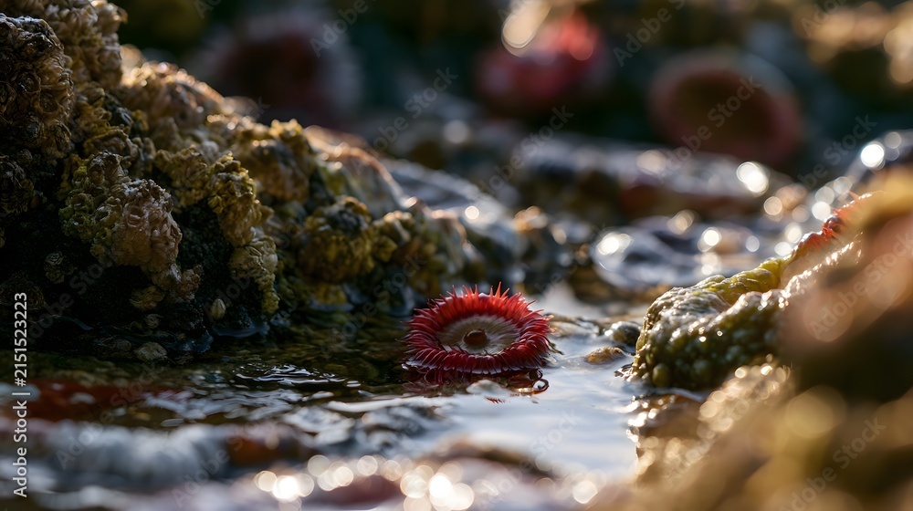Fototapeta premium Open Sea Anemone in Shallow Tidal Pool Surrounded by Barnacles