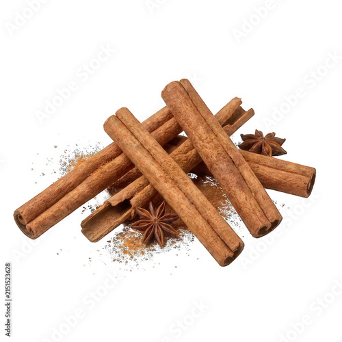 Cinnamon sticks and star anise spice pile isolated on white background for food design