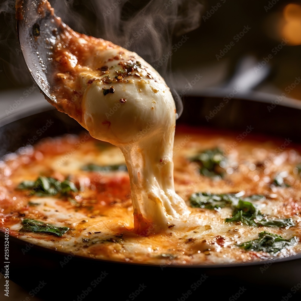 Fototapeta premium Mozzarella Cheese Pull from Bubbling Tomato Sauce in Black Skillet
