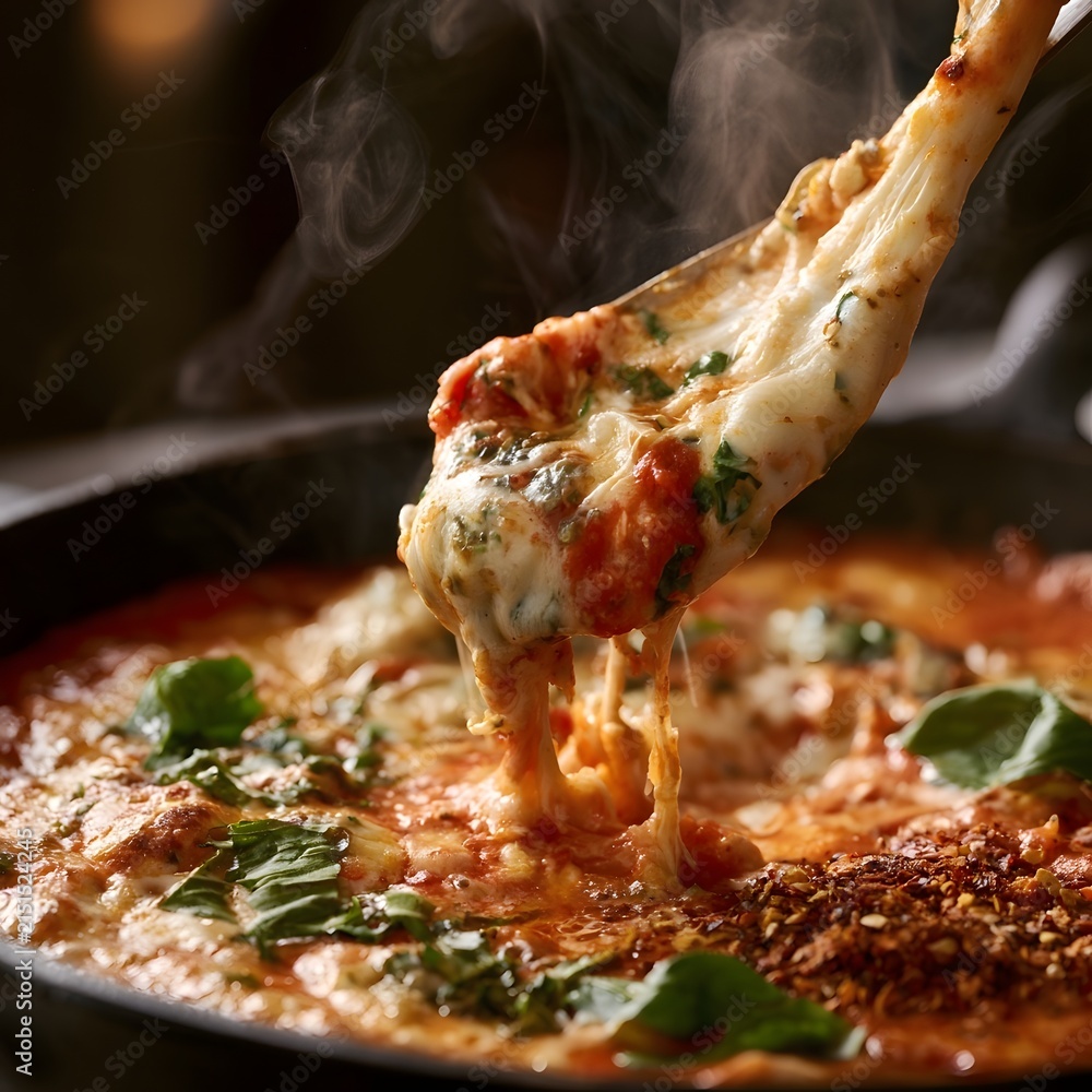 Fototapeta premium Hand-stretched Mozzarella Lifting from Tomato Sauce with Steam