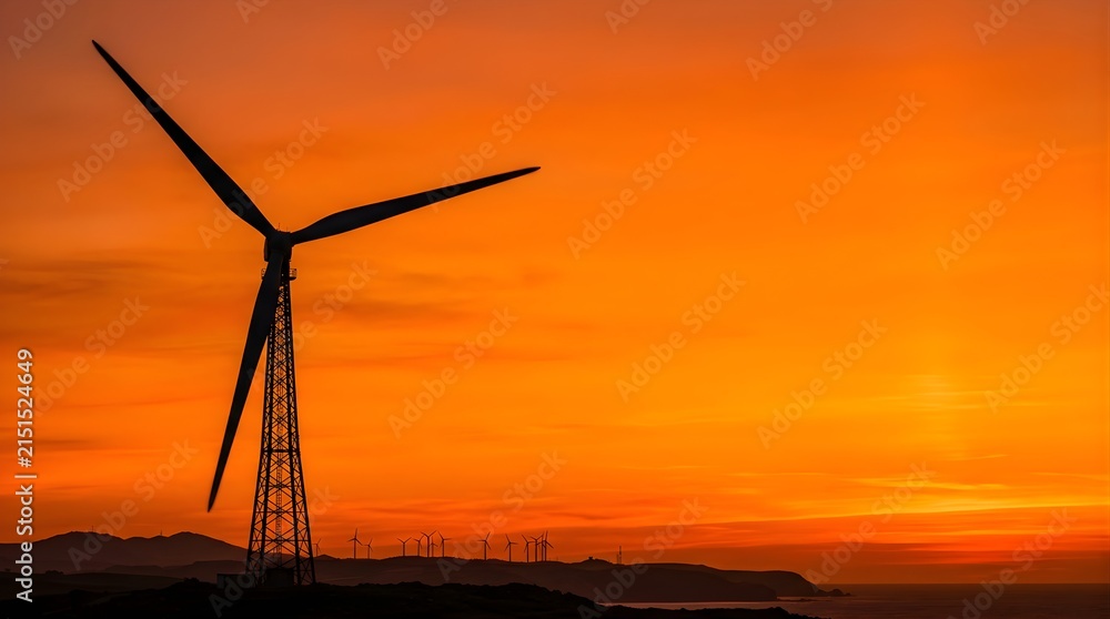 Obraz premium Wind turbine silhouette standing against a vibrant orange sunset sky