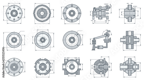Foto Engineering diagrams display complex mechanical parts with precise measurements and technical specifications for industrial design projects needing detailed manufacturing schematics