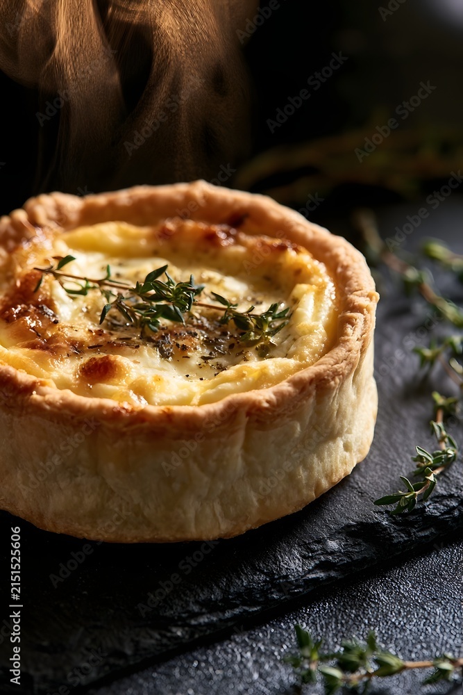 Fototapeta premium Rustic Goat Cheese Tart with Steam on Dark Slate Board and Thyme