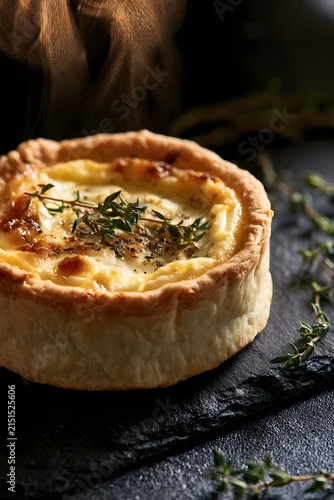 Fototapeta samoprzylepna Rustic Goat Cheese Tart with Steam on Dark Slate Board and Thyme