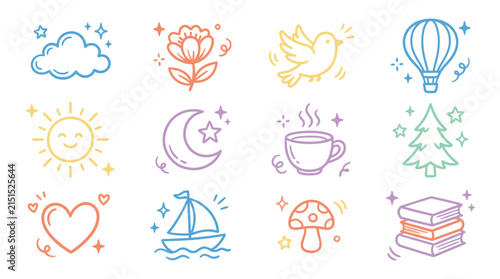 Fotografie Symbols including a cloud, a blooming flower, a chirping bird, a hot air balloon, a sun, a crescent moon, a steaming cup, a pine tree, a heart, a sailboat, a mushroom, and books are shown