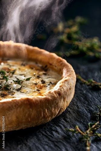 Goat Cheese Tart with Dramatic Steam and Thyme on Black Slate