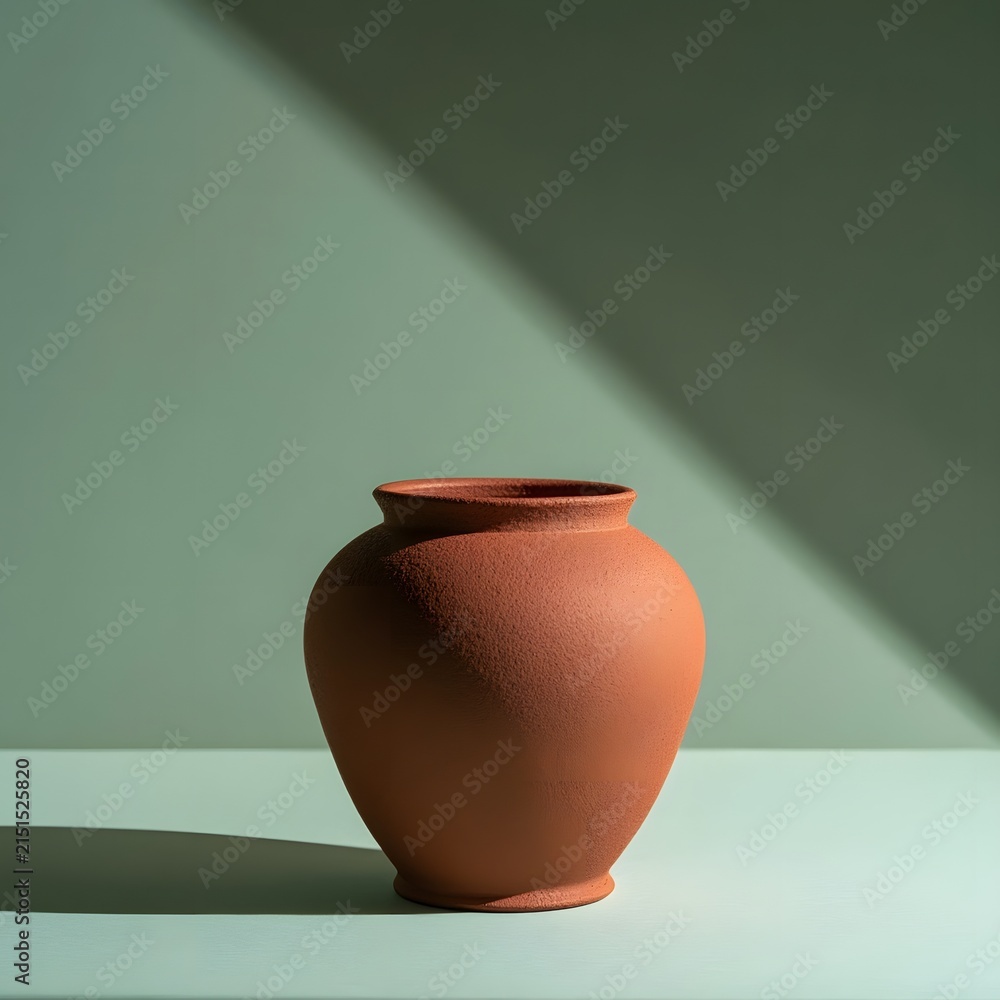 Naklejka premium Single Unglazed Terracotta Urn on Sage Green Background Bold Shadow