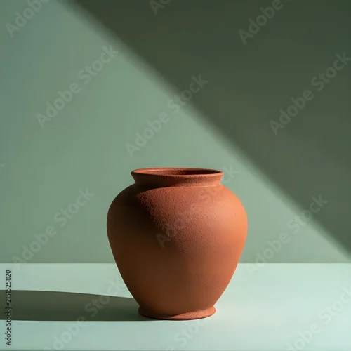 Fototapeta samoprzylepna Single Unglazed Terracotta Urn on Sage Green Background Bold Shadow