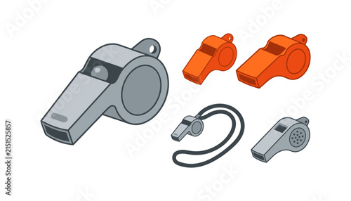 Sports Whistle Icon Set Flat Vector Collection of Referee and Safety Whistles