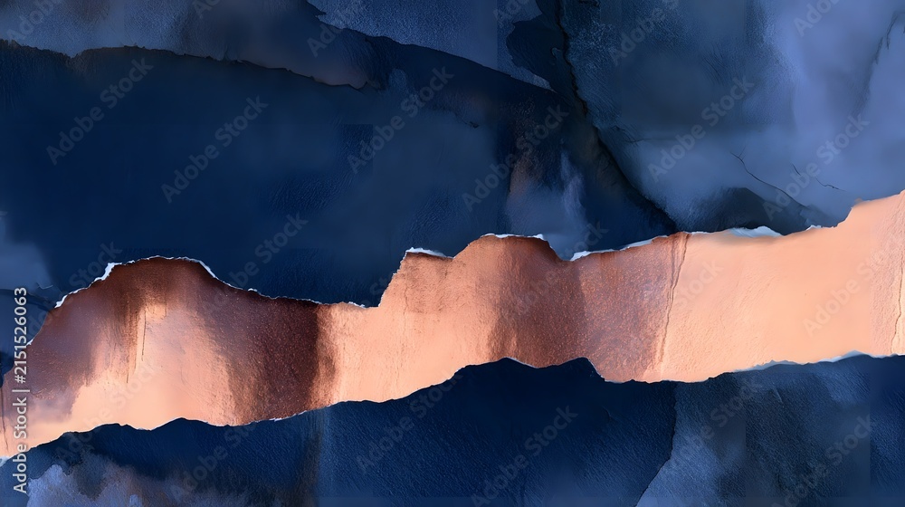 Naklejka premium Diagonal Tear in Dark Navy Paper Revealing Copper Layer Below