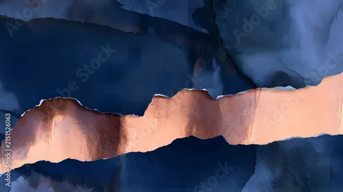 Fototapeta samoprzylepna Diagonal Tear in Dark Navy Paper Revealing Copper Layer Below