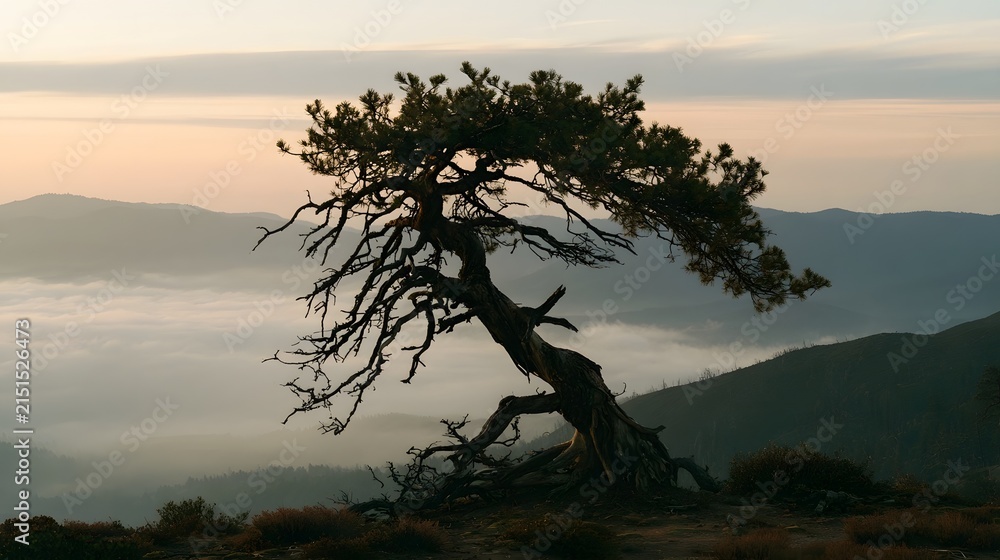 Fototapeta premium Isolated weathered pine tree on a high ridge at dawn